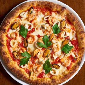 Calamari, Gamberi e Cozze, Tomato, mozzarella, squid, prawns, shelled mussel